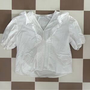 Cubic London White Lace Ruffle Front Cotton Puff Sleeve Shirt Size Small